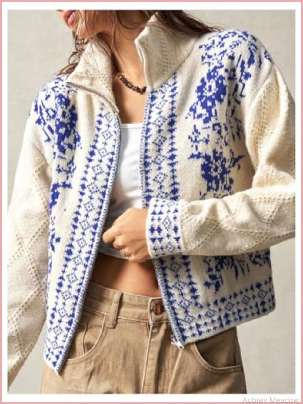 Floral Embroidered Boho Zip Up Cardigan Sweater - Picture 2 of 5